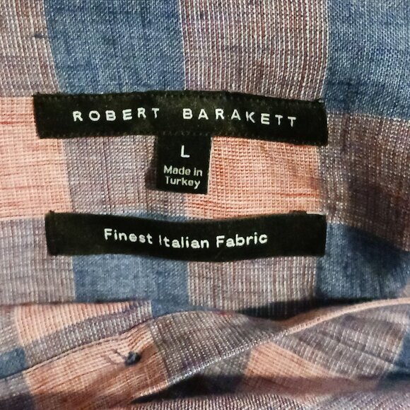 Robert Barakett Mens Longsleeve Plaid Linen‎ Button-Up Shirt Blue/Salmon L - Picture 8 of 13
